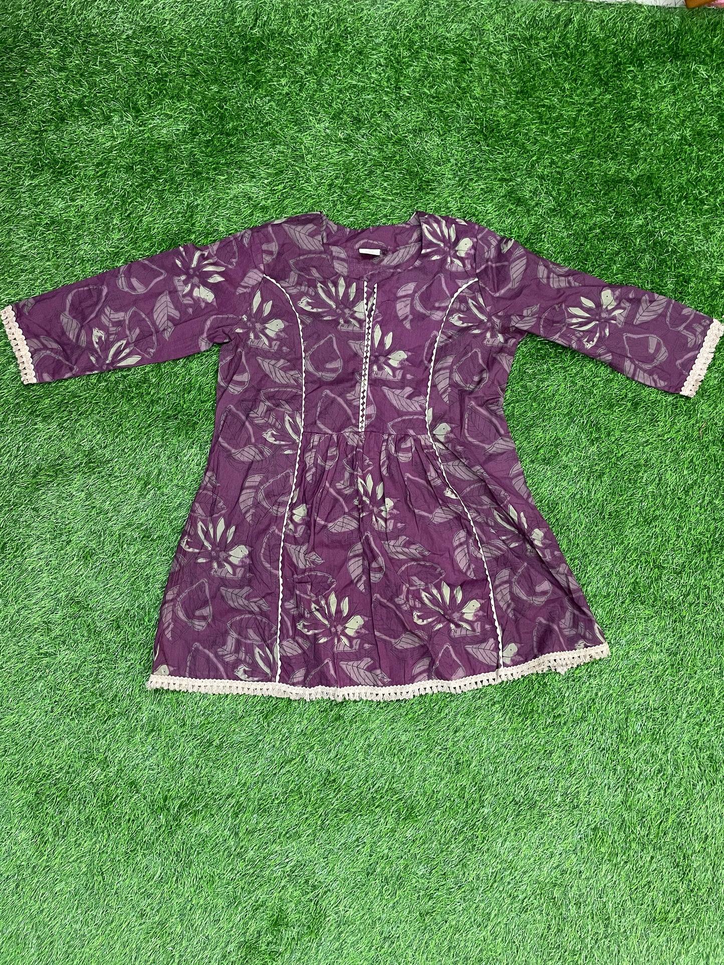 Purple Printed Cotton Short Top with Lace Detailing