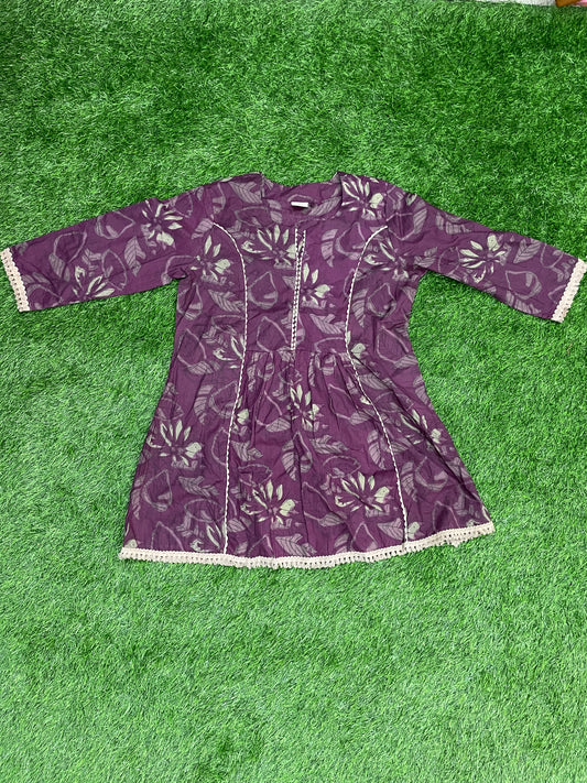 Purple Printed Cotton Short Top with Lace Detailing