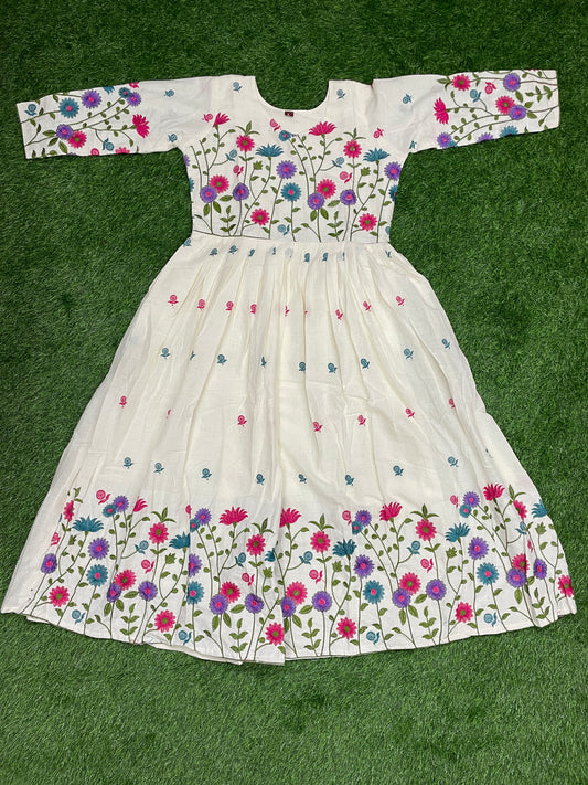 White Floral Embroidered Mul Cotton Frock