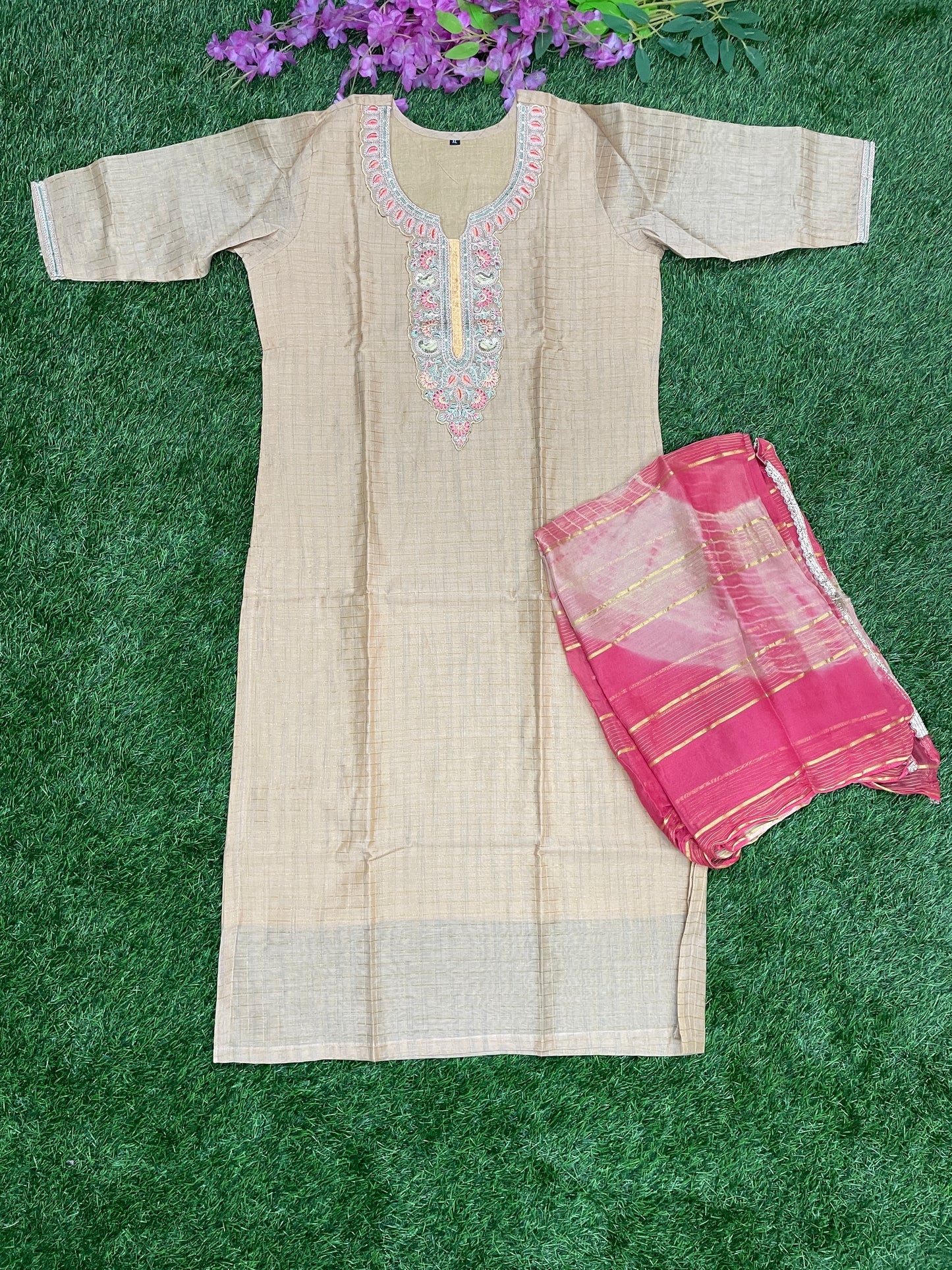 Beige Embroidered Kurti with Pink Dupatta – Festive Elegance
