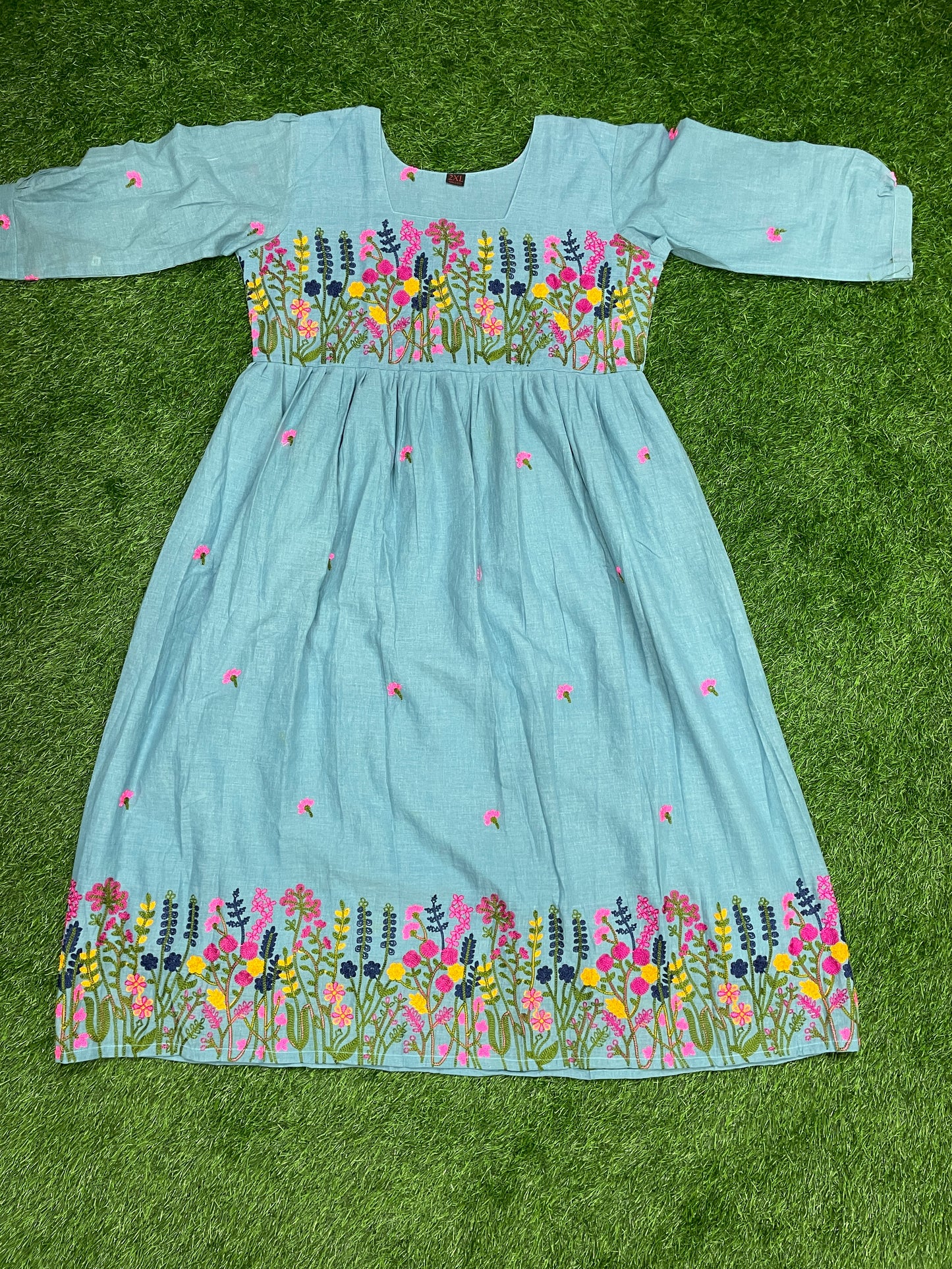 Sky Blue Floral Embroidered Mul Cotton Frock