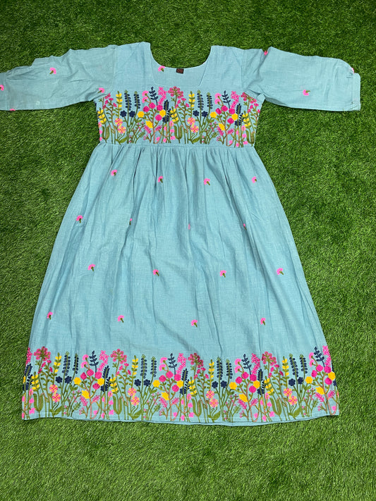 Sky Blue Floral Embroidered Mul Cotton Frock