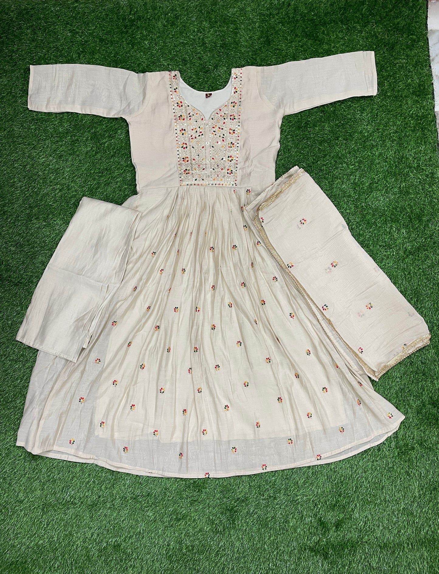 Elegant Cream Embroidered Anarkali Kurti Set with Dupatta