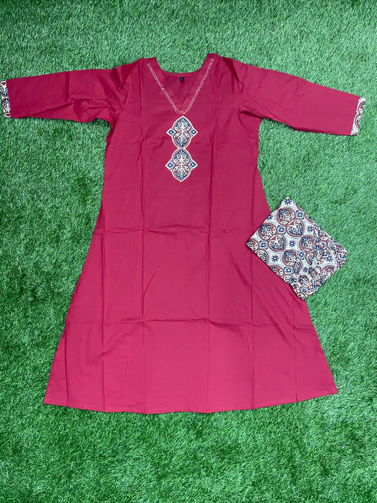 Cotton Coord Set – Maroon Top with Embroidery & Printed Pant