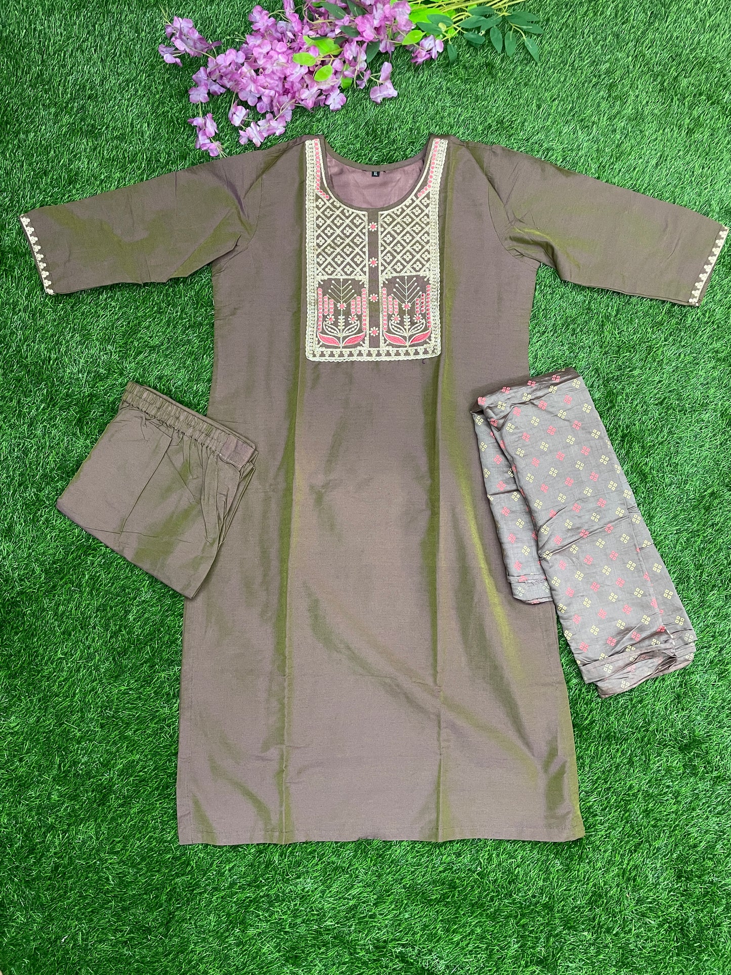 Elegant Brown Cotton-Silk Kurti Set with Embroidered Neck & Dupatta