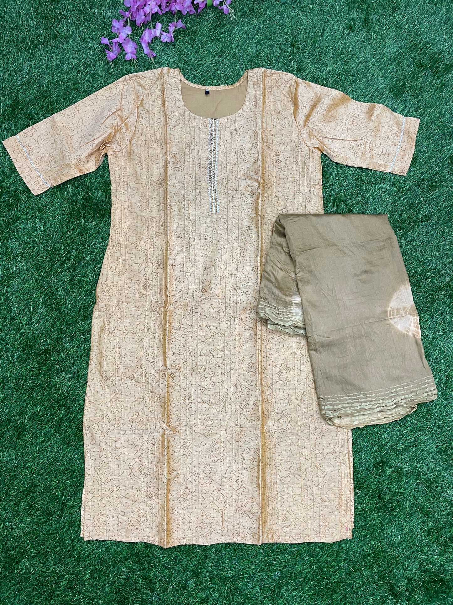 Beige Embroidered Kurti Set with Olive Dupatta