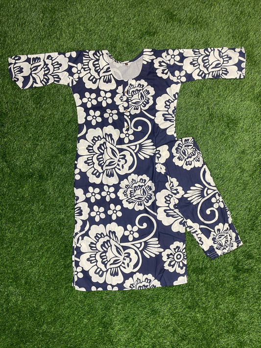 Navy Blue & White Floral Rayon Coord Set