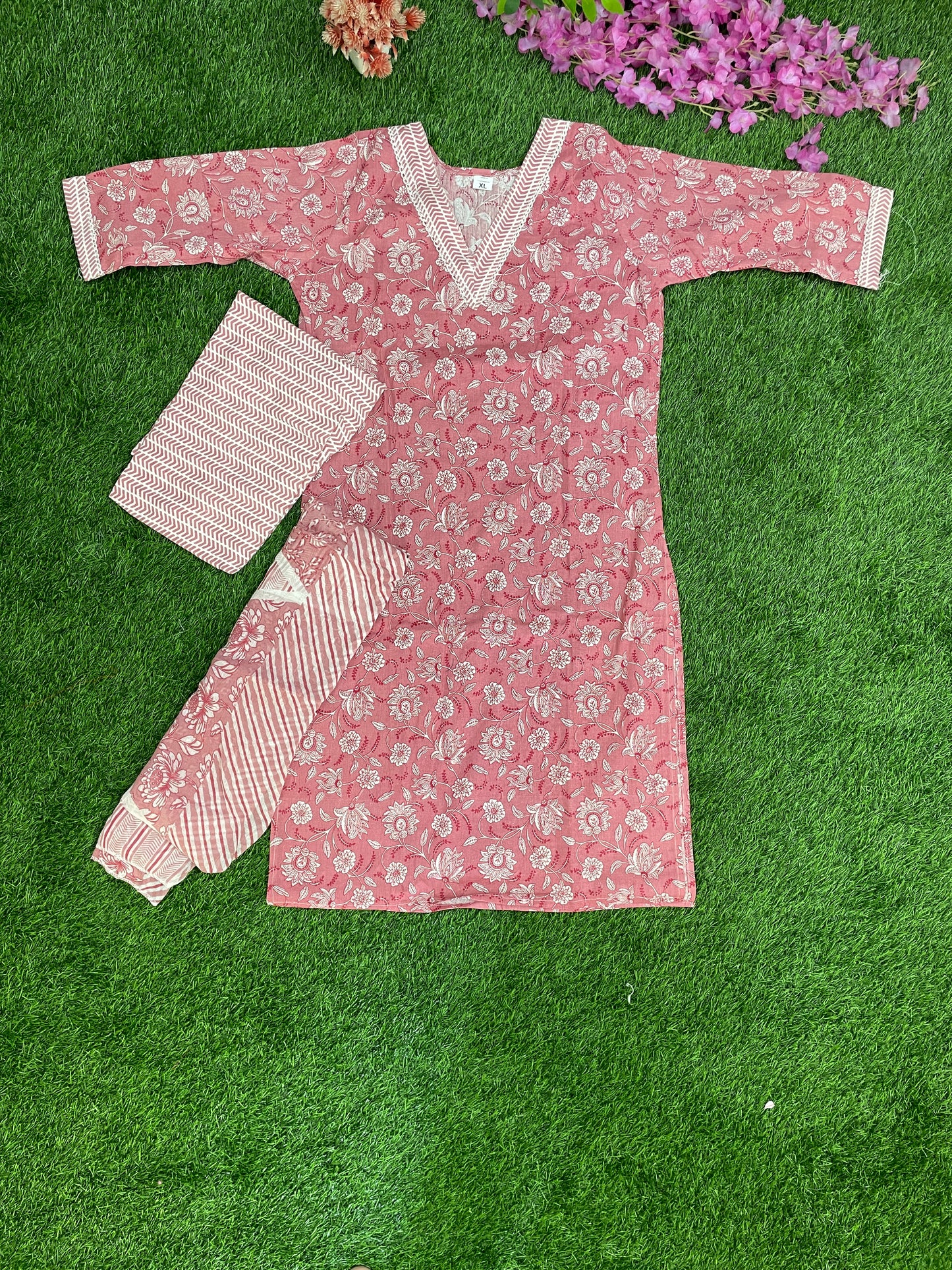 Pink Pure Cotton Printed 3-Piece Suit Set – Kurti, Pant & Dupatta