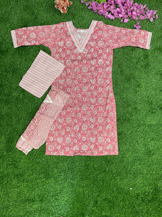 Pink Pure Cotton Printed 3-Piece Suit Set – Kurti, Pant & Dupatta