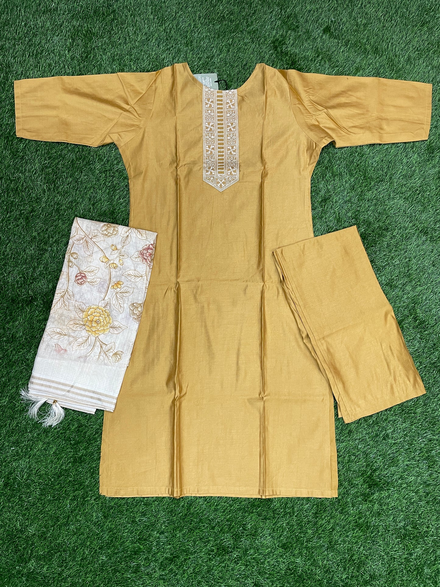 Mustard Silk 3-Piece Set with Embroidered Dupatta