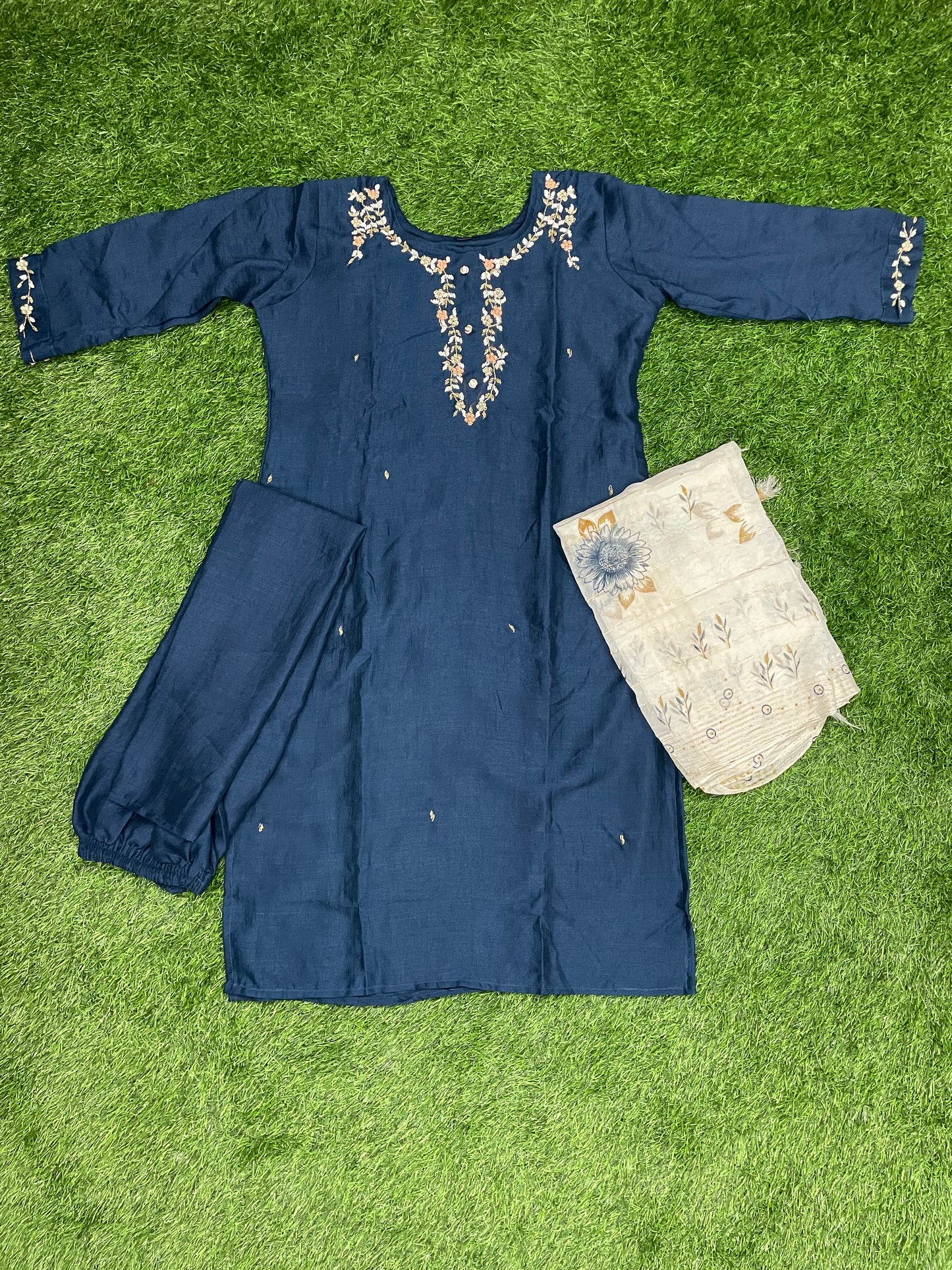 Embroidered Vichitra Silk Kurta Set with Dupatta