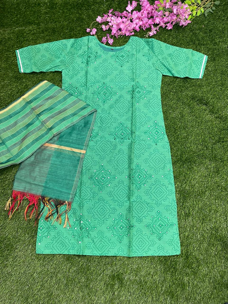 Elegant Green Chanderi Cotton 2-Piece Set with Dupatta