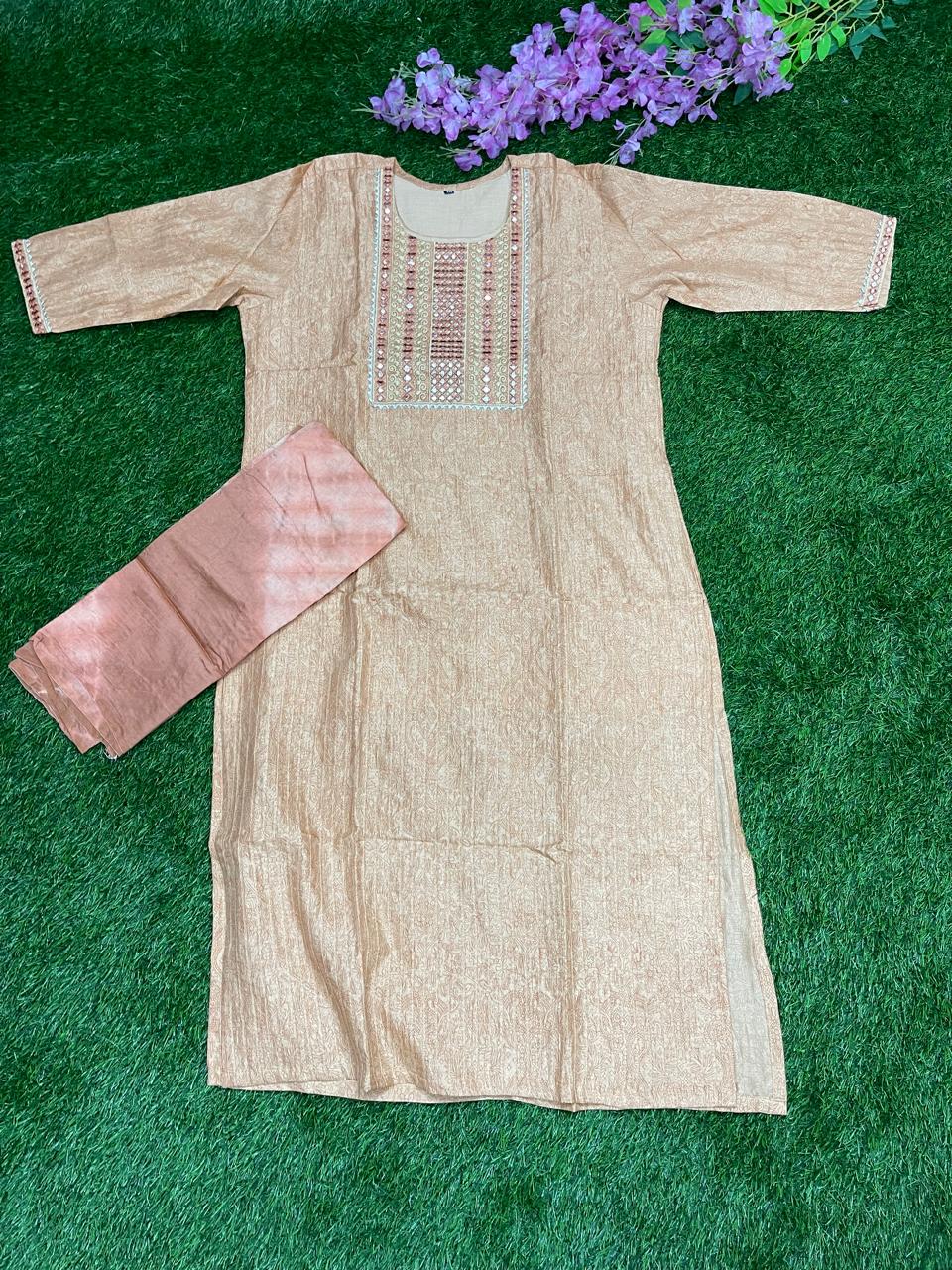 Embroidered Cotton Top with Dupatta – Soft Gold & Peach