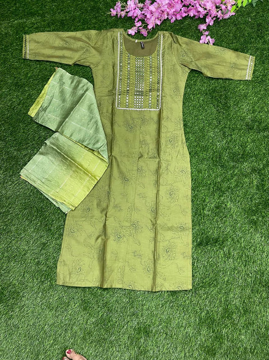 Olive Green Embroidered Kurti with Dual-Tone Dupatta