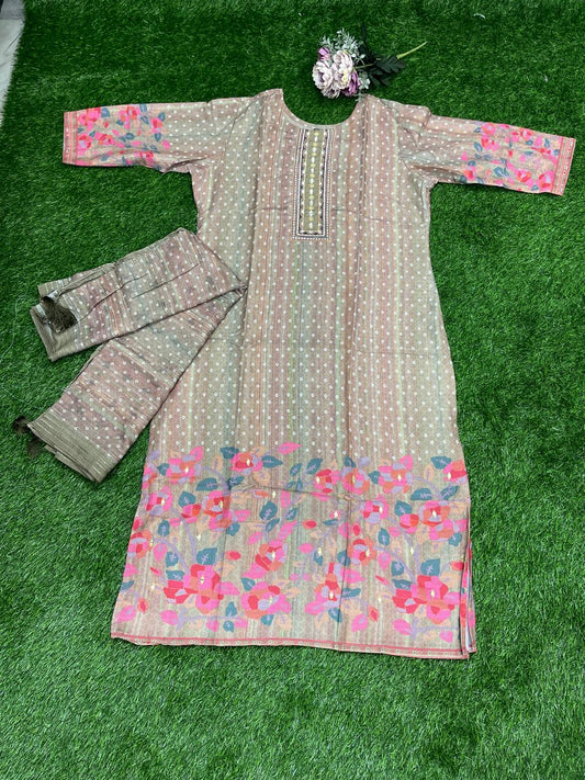 Printed Kurti with Dupatta – Elegant Beige & Pink