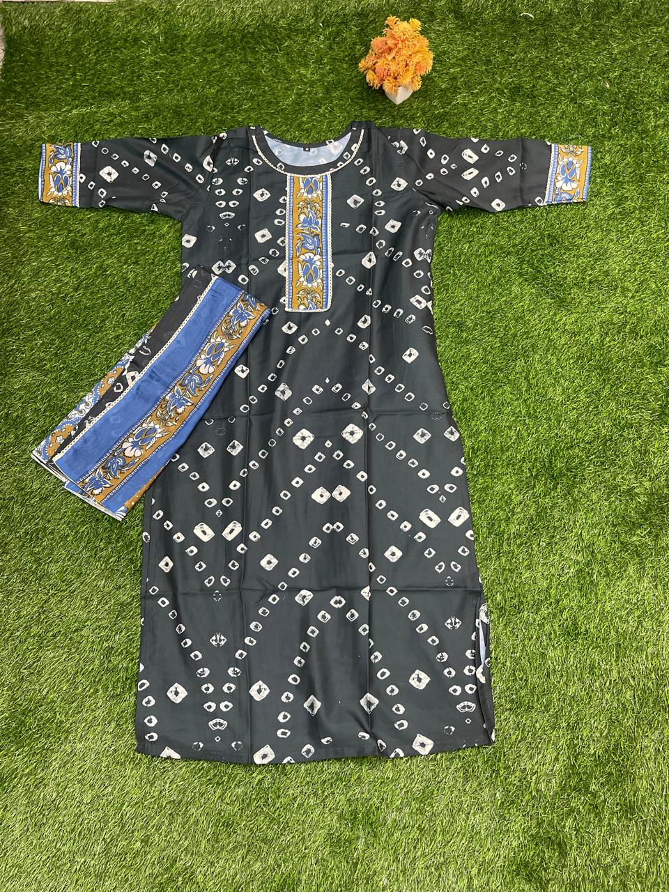 Elegant Black & Blue Bandhani Top with Dupatta – Silk Feel