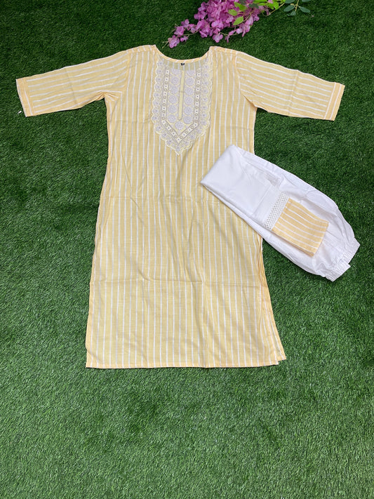 Yellow Striped Cotton Kurti Set with White Pant